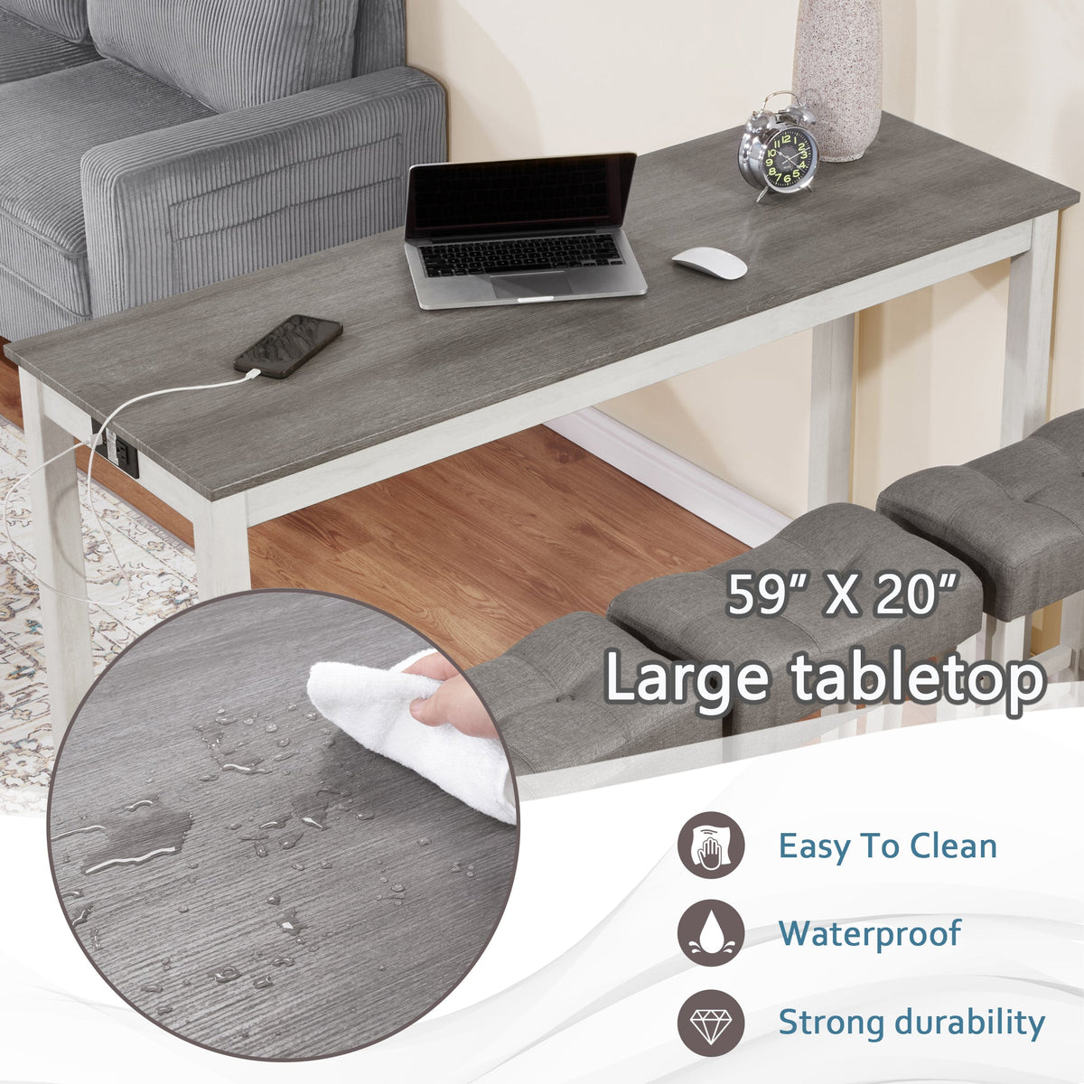 4-Piece Bar Table Set with Stools and Power Outlet, White & Grey