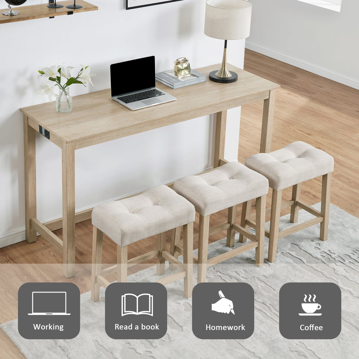 4-Piece Bar Table Set with Stools and Power Outlet, Light Oak