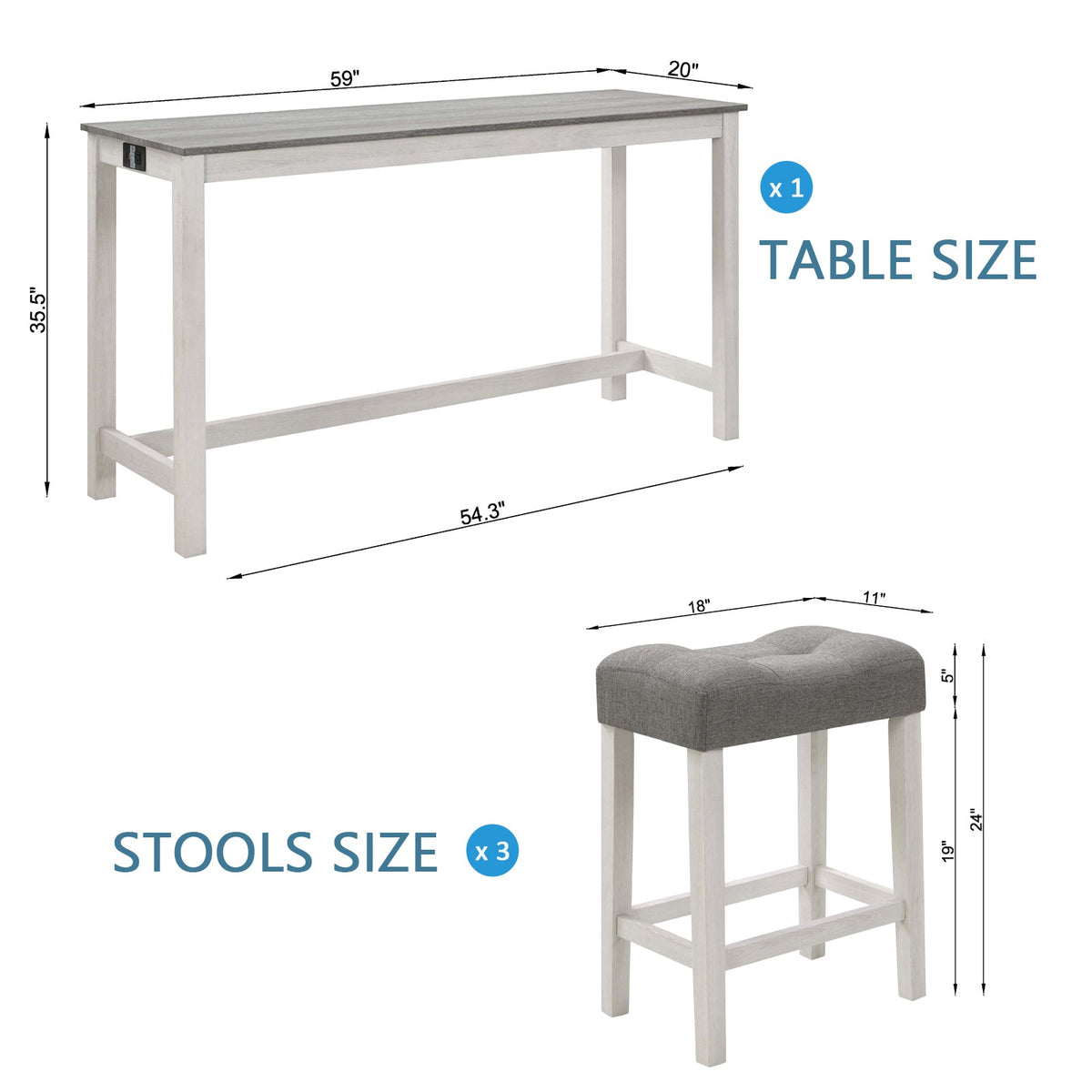 4-Piece Bar Table Set with Stools and Power Outlet, White & Grey