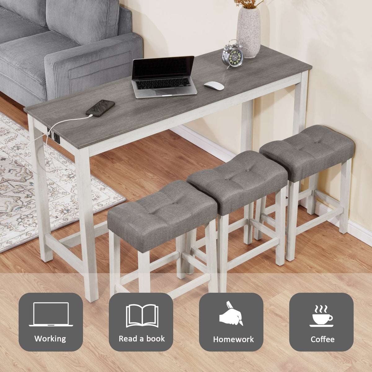 4-Piece Bar Table Set with Stools and Power Outlet, White & Grey