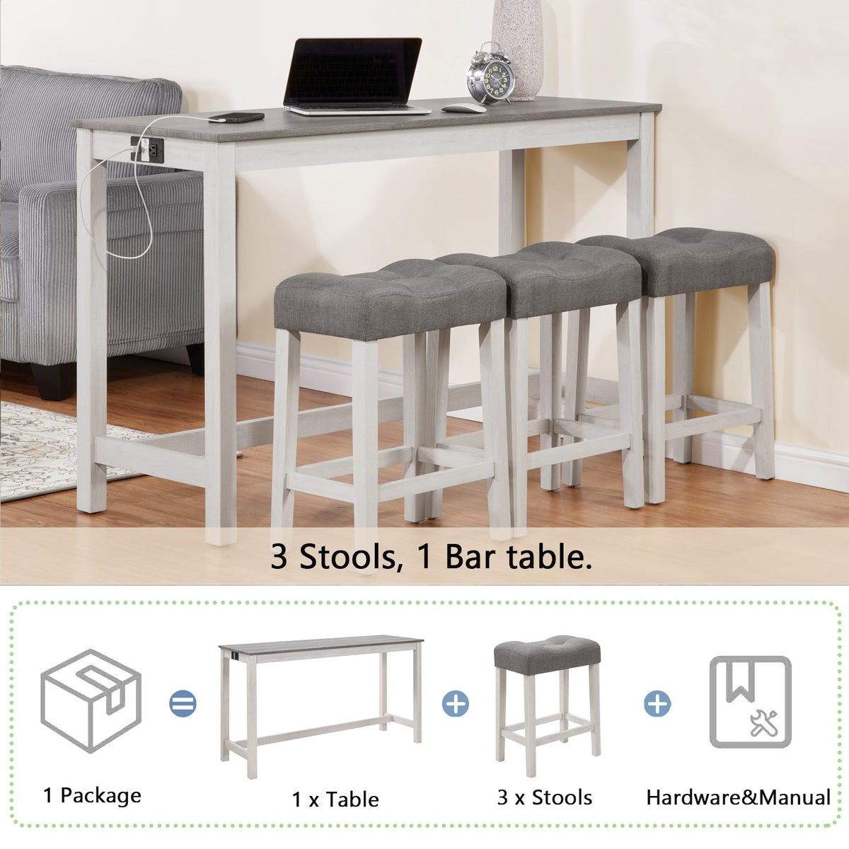 4-Piece Bar Table Set with Stools and Power Outlet, White & Grey