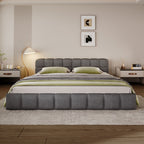 Elegant Upholstered Bed with Checkerboard Headboard - Dark Gray