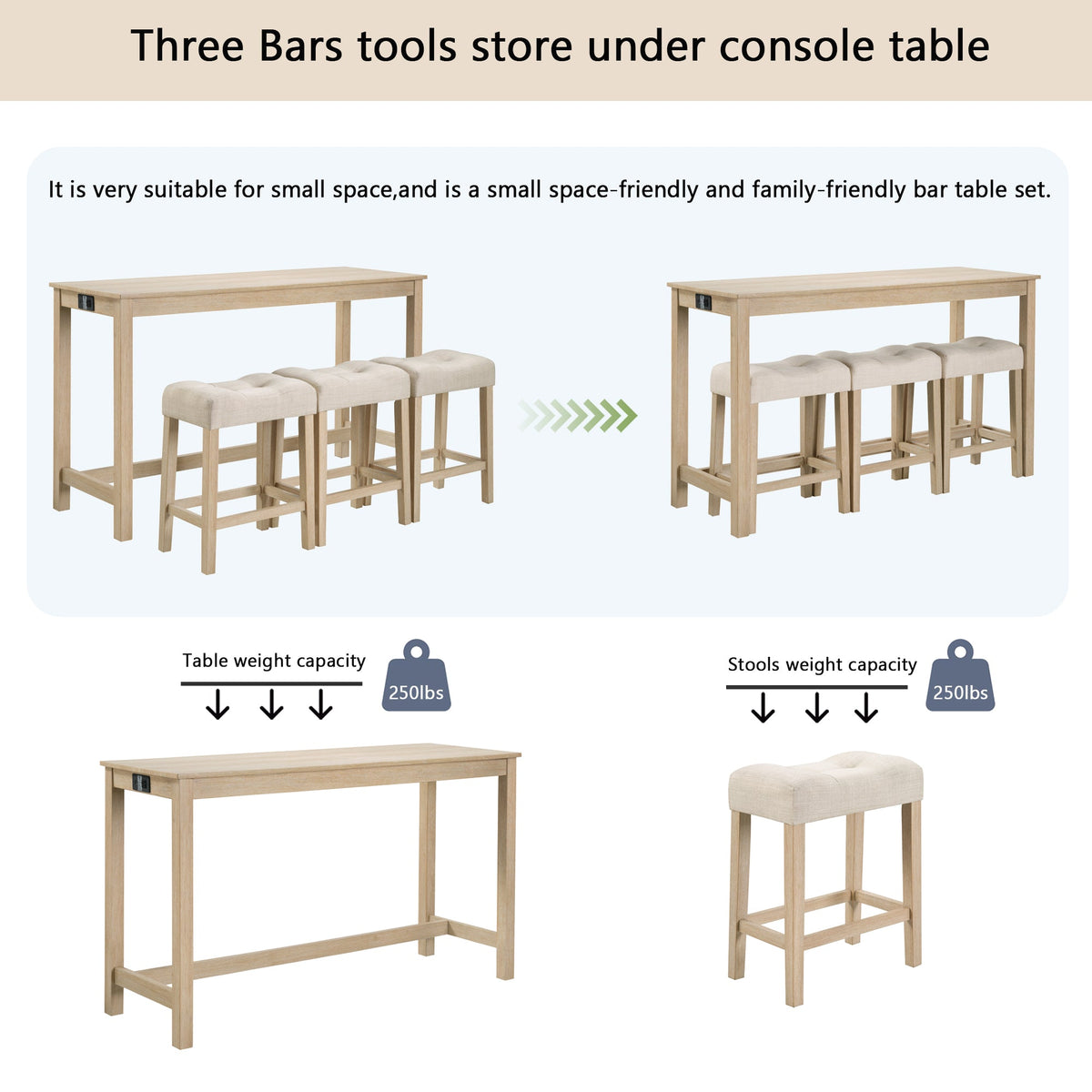 4-Piece Bar Table Set with Stools and Power Outlet, Light Oak