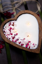 Heart-Shaped Wood Dough Bowl Candle – Crystals & Flowers – 3 Cotton Wick Soy Candle