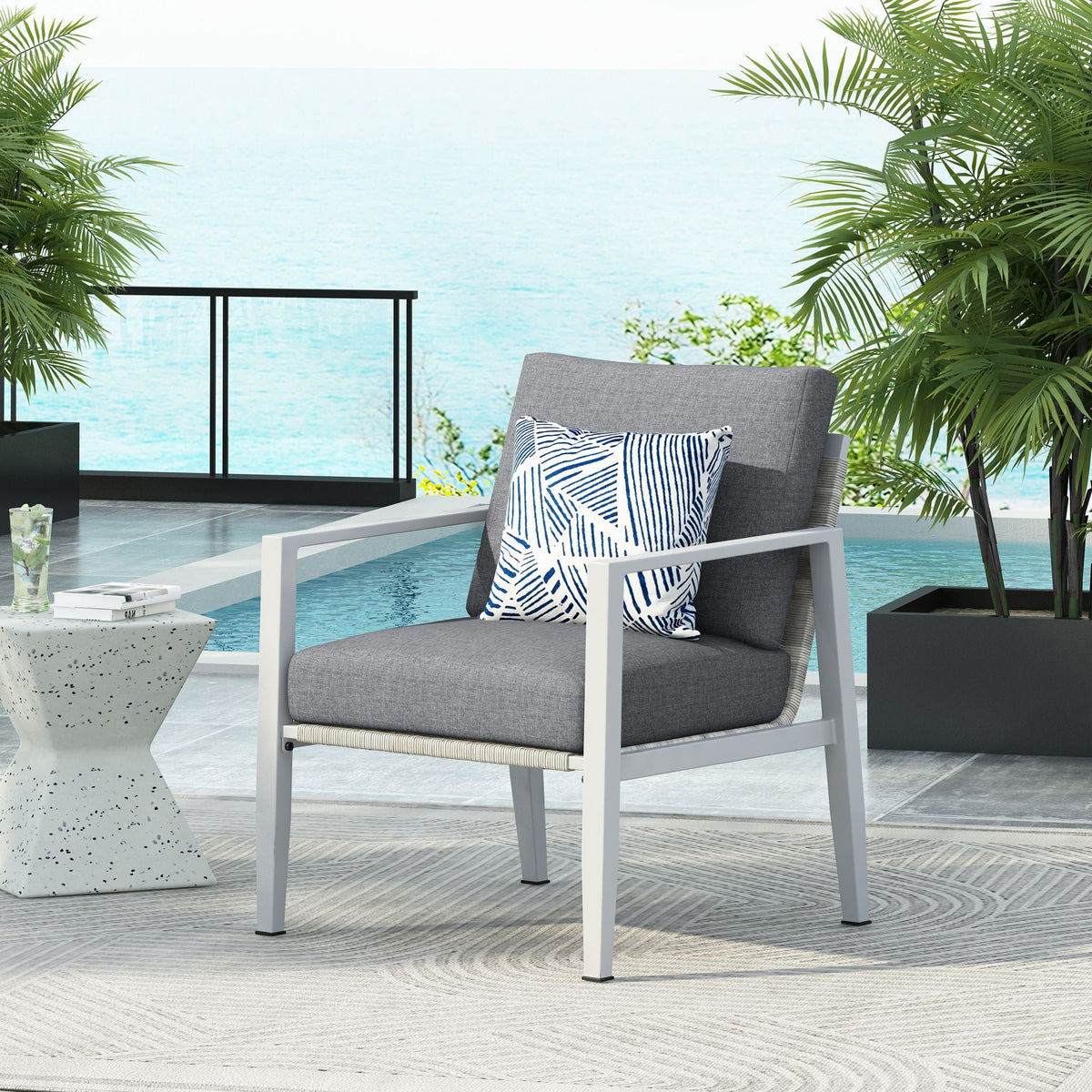 Modern Lounge Chair with Rope Accents and Cushions - White or Dark Gray