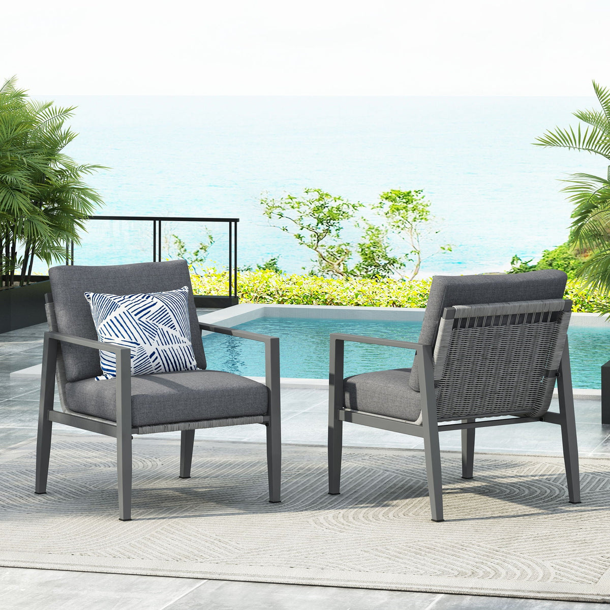 Modern Lounge Chair with Rope Accents and Cushions - White or Dark Gray
