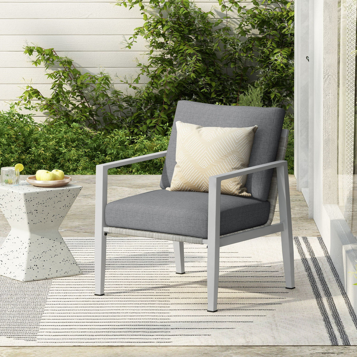 Modern Lounge Chair with Rope Accents and Cushions - White or Dark Gray
