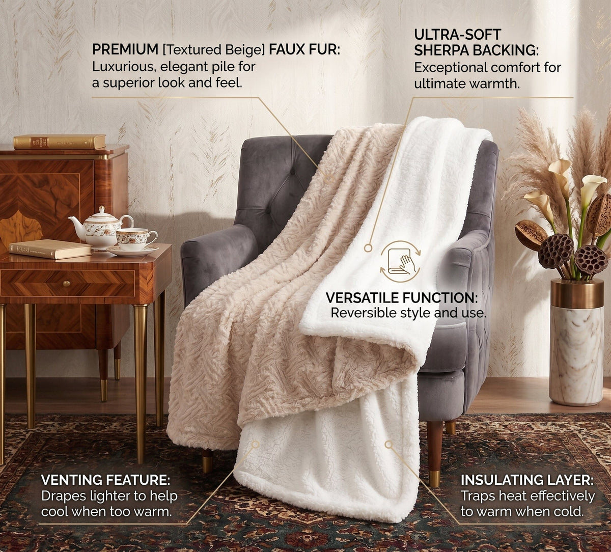 Gold Geometric Faux Fur Throw Blanket with Sherpa Back