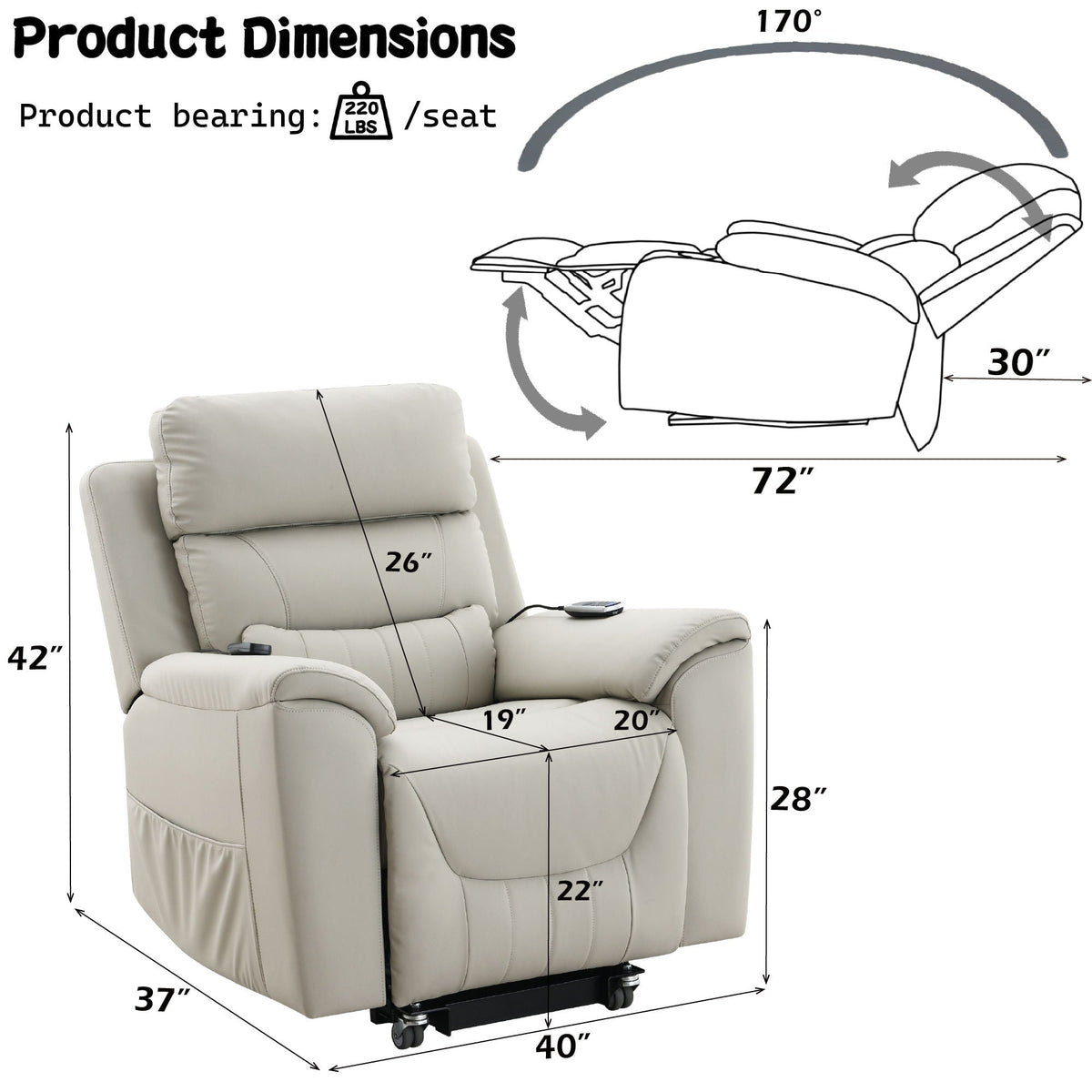 Marsha Power Motion Recliner with Lift, Heating, and Massage - Light Gray