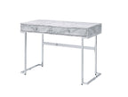 White Faux Marble Writing Desk with Storage Drawers - White