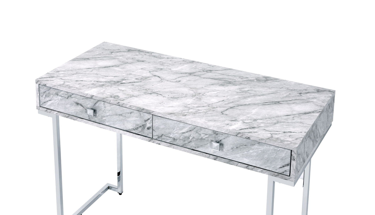 White Faux Marble Writing Desk with Storage Drawers - White