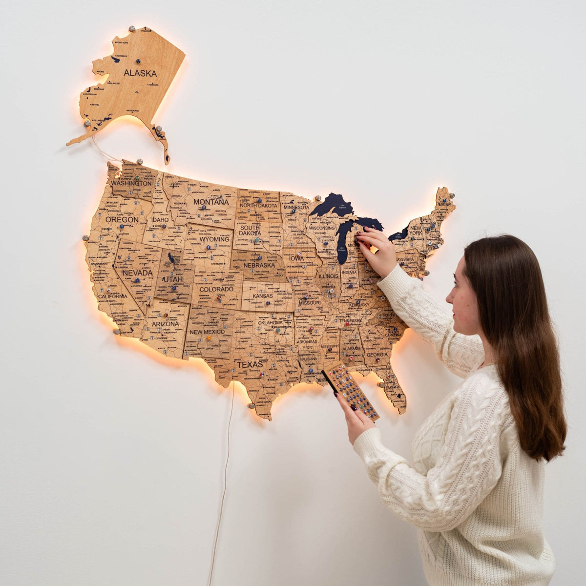 Wooden 3d LED Map of USA - Gold (B2B)