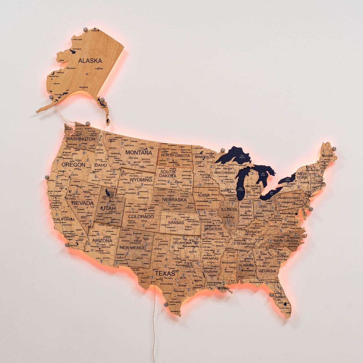 Wooden 3d LED Map of USA - Gold (B2B)