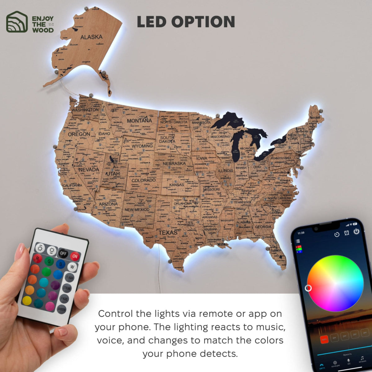 Wooden 3d LED Map of USA - Gold (B2B)