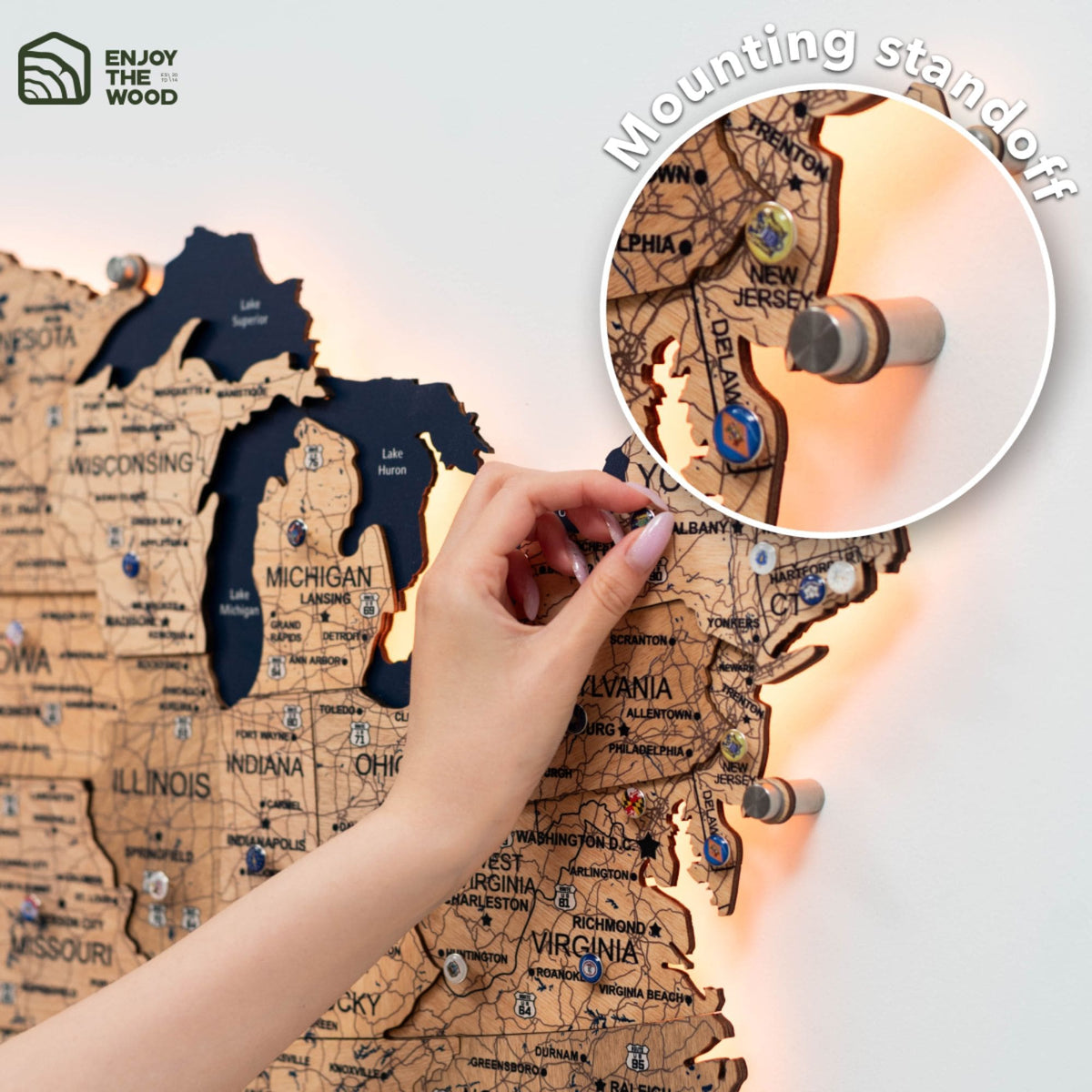Wooden 3d LED Map of USA - Gold (B2B)