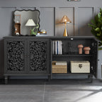 60" Antique Buffet Cabinet with Floral Carvings - Black