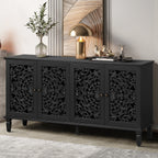 60" Antique Buffet Cabinet with Floral Carvings - Black